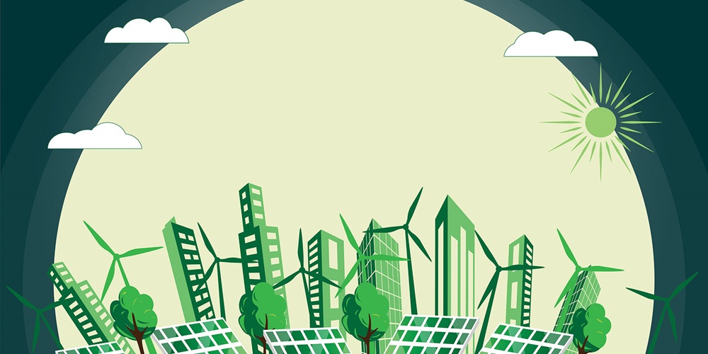 Illsutration of a green city with solar panels and wind turbines in front of the sun. Image by Shutterstock / Dina Design.