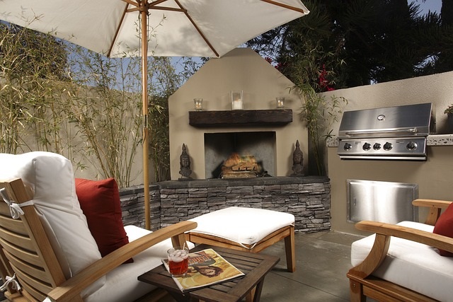 patio with fireplace and grill