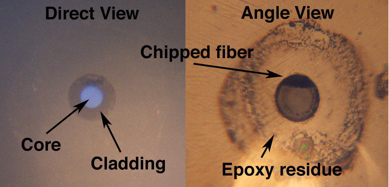 Direct and angled views of the same polished connector ferrule viewed in the Panasonic microscope, ca. 1985