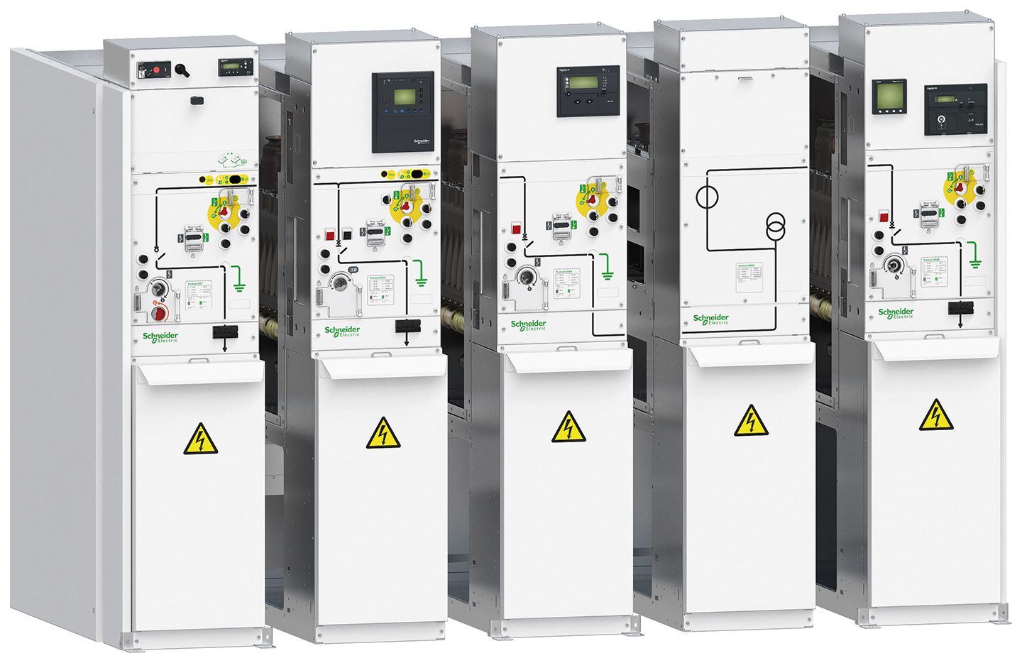 Five large switchgear boxes. Image by Schneider Electric.