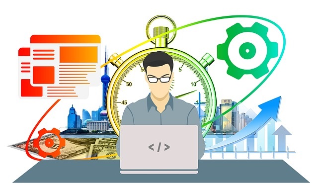 A man sits in front of a laptop, behind him are illustrations depicting a workflow. Image by Gerd Altmann from Pixabay.