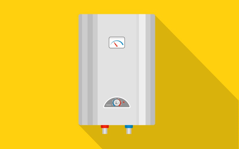 Tankless water heater against a yellow background. SHUTTERSTOCK / NSIT