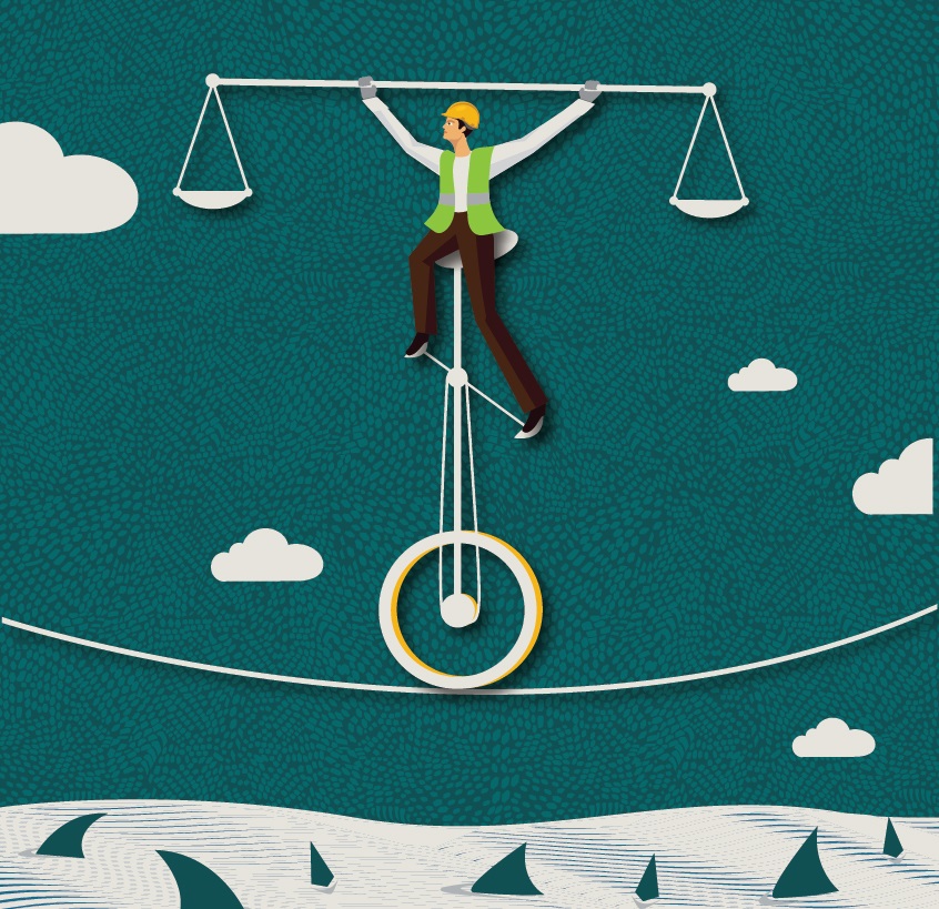Illustration of a worker holding scales, riding a unicycle on a tightrope above a sea of sharks. Image by Getty Images / Liana Monica Bordei.
