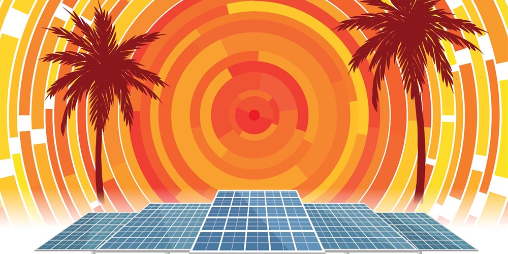 Illustration of an orange and yellow geometric sun silhouetted by solar panels and palm trees.