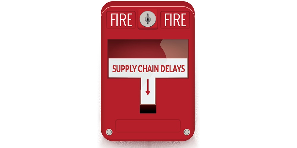 Illustration of a red case reading Fire and Supply Chain Delays. Image by Shutterstock / Kolonko.