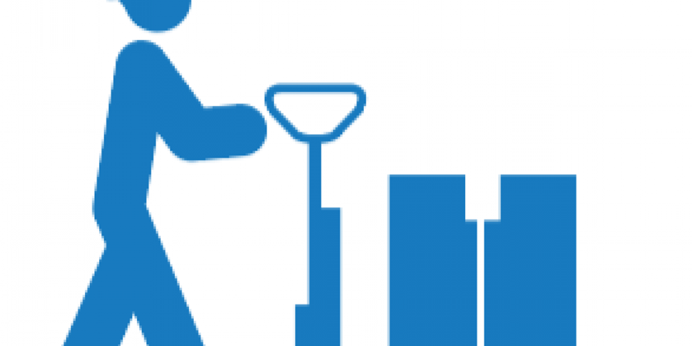 Illustration of a worker and cart silhouette.