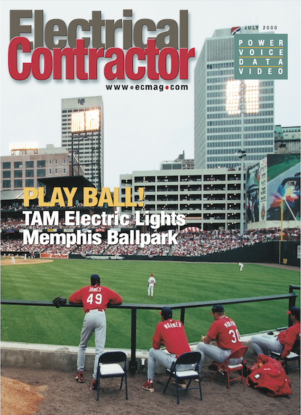 Electrical Contractor cover reading Play Ball! TAM Electric Lights Memphis Ballpark with a picture of baseball players at a ballpark.