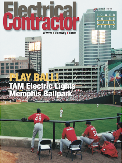 Electrical Contractor cover reading Play Ball! TAM Electric Lights Memphis Ballpark with a picture of baseball players at a ballpark.