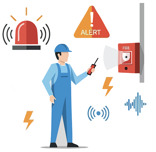 A fire alarm technician stands near a fire alarm notification appliance with symbols of audible and visual notification around him