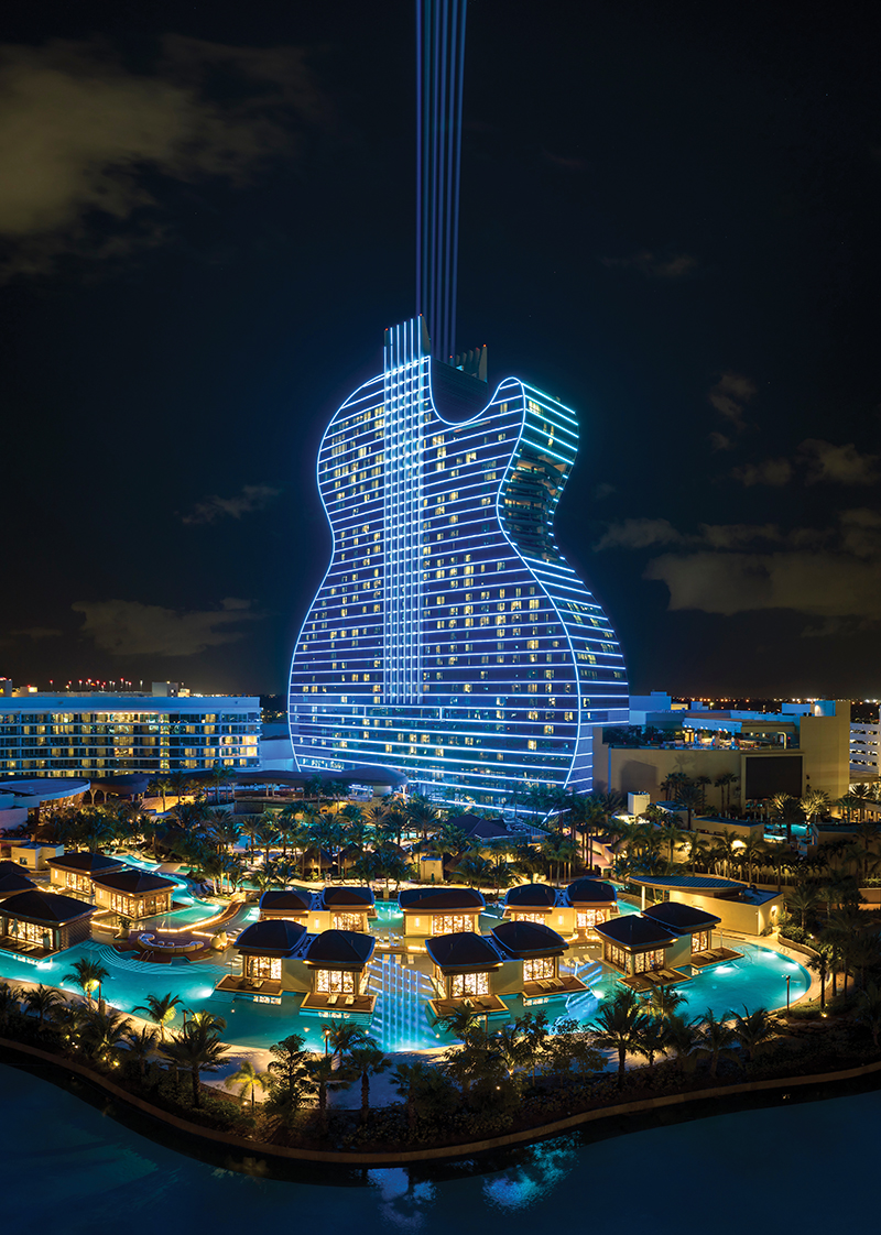 The new Guitar Tower Hard Rock International property features an unusual shape and LED lighting that gives new meaning to Las Vegas’ claim to fame as the City of Lights.