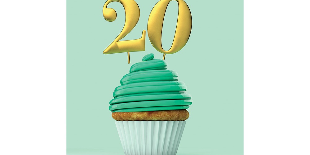 Mint green cupcake with candles reading 20. Image by Shutterstock / Ink Drop.