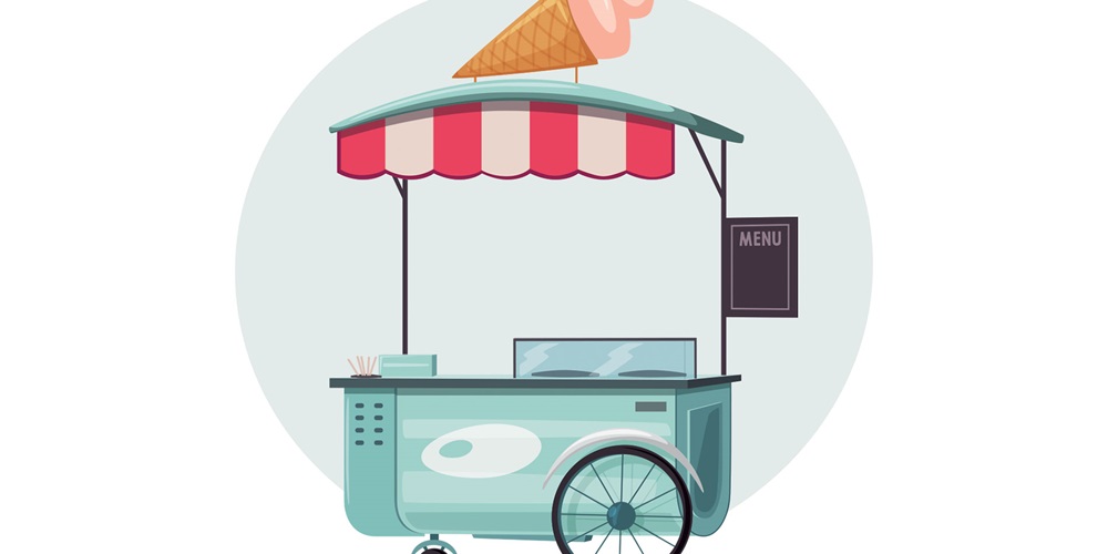 Illustration of a blue stand with an ice cream cone decoration. Image by Shutterstock / Mooi Design.