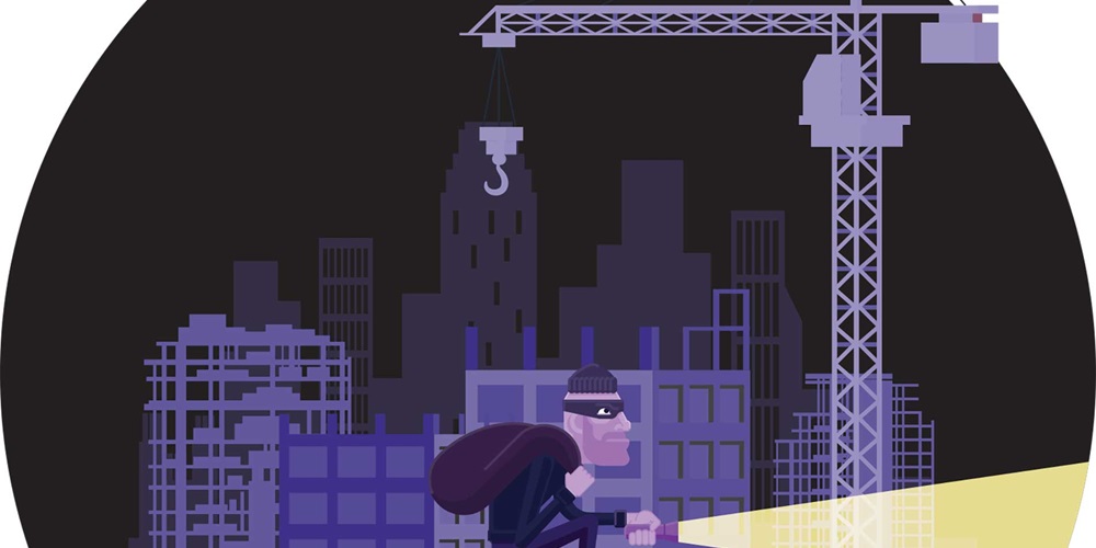 Illustration of a robber with a flashlight tiptoeing in front of a city skyline. Image by Shutterstock / JemaStock / Christos Georghiou.