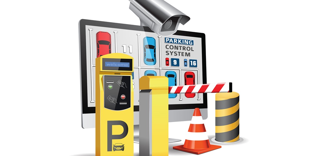 Illustration of a parking meter, gate, camera and screen reading Parking Control System. Image by Shutterstock.