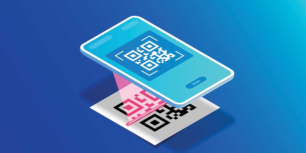 Illustration of a smartphone scanning a QR code against a blue background. Image by Shutterstock and aShatilov.