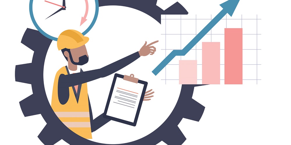 Illustration of a worker in a large cog pointing to charts. Image by Shutterstock / VectorMine.