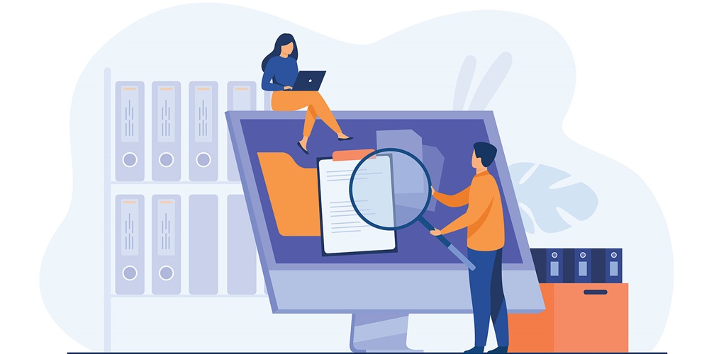 Illustration of a woman sitting on a laptop and a man examining it with a magnifying glass. Image by Shutterstock / Surfsup.