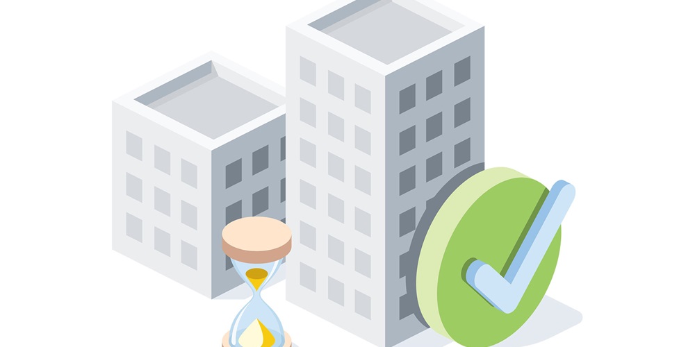 Illustration of city buildings, an hourglass and a checkmark. Image by Shutterstock / AIWD.