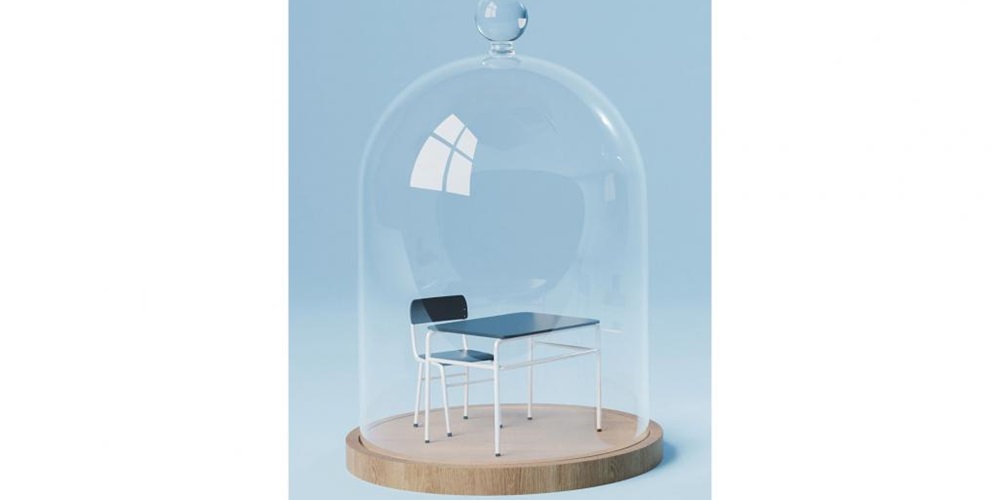 Illustration of a chair and desk in a glass cloche against a blue background. Image by Shutterstock / A. Solano.