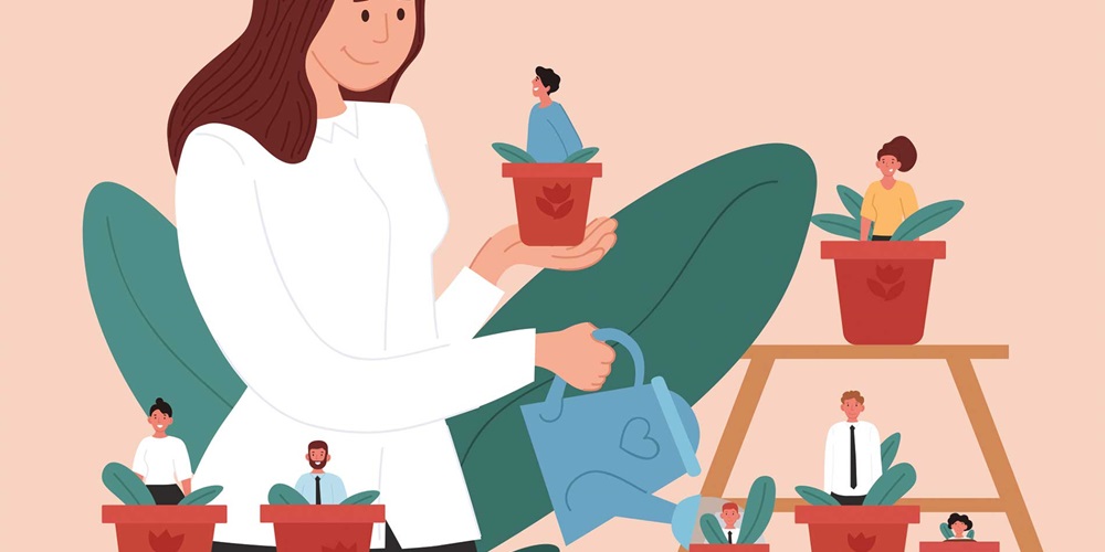 Illustration of a woman holding and watering pots of plants and people. Image by Shutterstock / Mentalmind.
