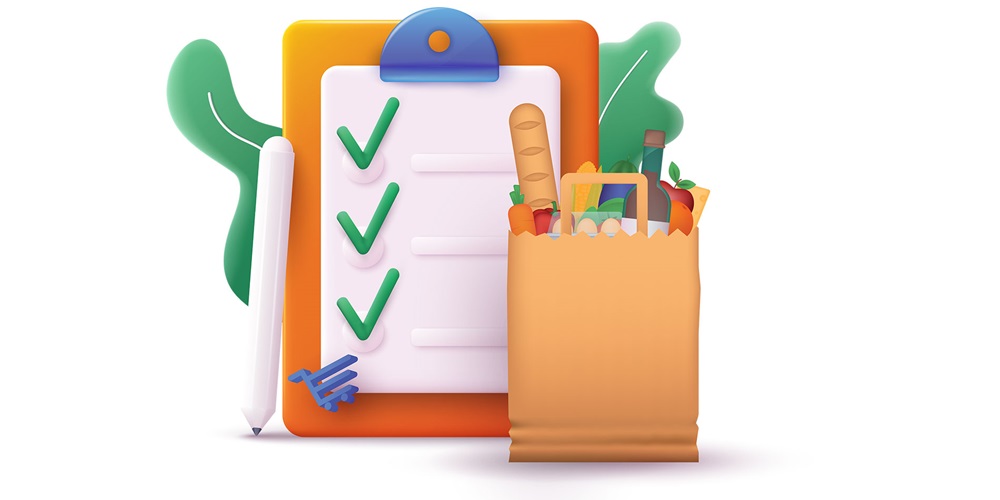 Illustration of a checklist on a clipboard and a bag of groceries. Image by Shutterstock / Olesia_G.