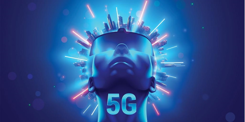 Illustration of a blue head with a city and lasers on top of it, and "5G" in front of it. Image by Shutterstock / Andrey Suslov / SergeyBitos.