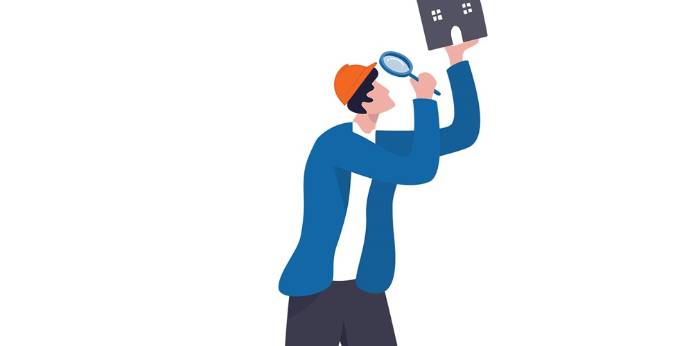 Illustration of a worker holding a magnifying glass to a tiny house. Image by Richard P. Bingham.