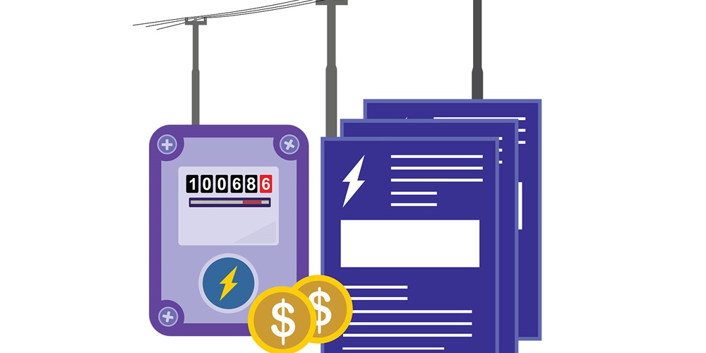Illustration of paper, numbers and dollar signs in front of a power line. Image by Shutterstock / Yudi Angga Kristanu.