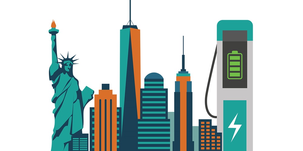 Illustration of the Statue of Liberty, skyscrapers and an EV charging station. Image by Shutterstock / Marylia / elenabsl.