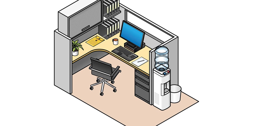 Illustration of an office cubicle and water cooler. Image by Shutterstock / Zern Liew.