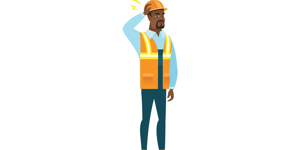 Illustration of a man in a safety vest and hard hat with his hand on his head and shock symbols. Image by Shutterstock / Net Vector.