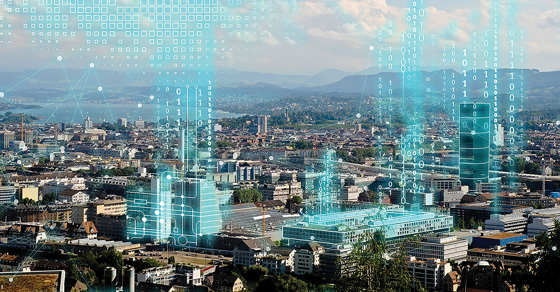 A city with buildings covered in blue code. Image by Siemens.