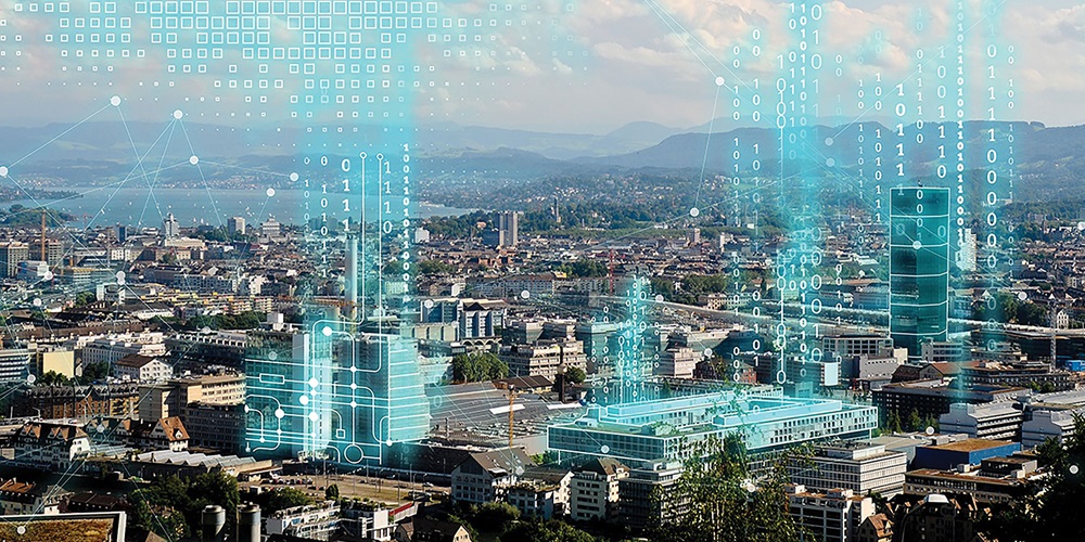 A city with buildings covered in blue code. Image by Siemens. / smart buildings / Grid-interactive efficient building (GEB) / connectivity / IoT