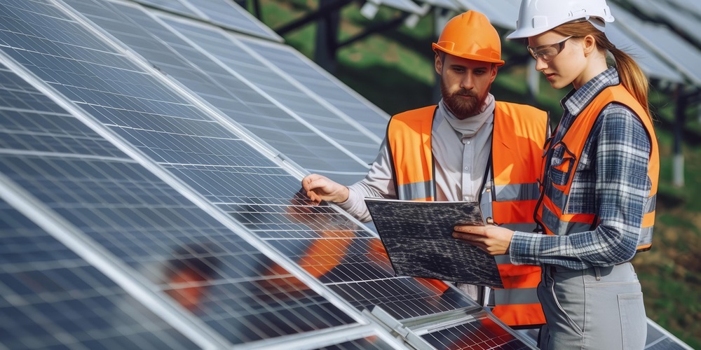 A man and woman in hi-vis vests stand near solar panels reviewing materials.