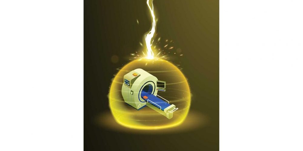 An illustration of an MRI machine surrounded by a yellow force field and lightning. Image by stock.adobe.com / Disk / Shutterstock / VectorPouch.
