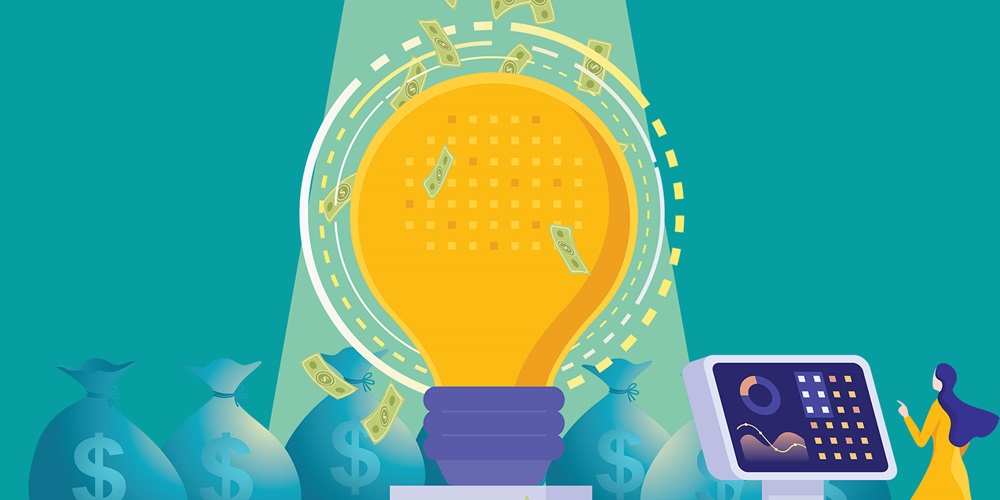 Illustration of a person in a dress approaching a display in front of a massive lightbulb. Bags of cash sit on the ground and cash falls around the lightbulb. Image by Shutterstock.