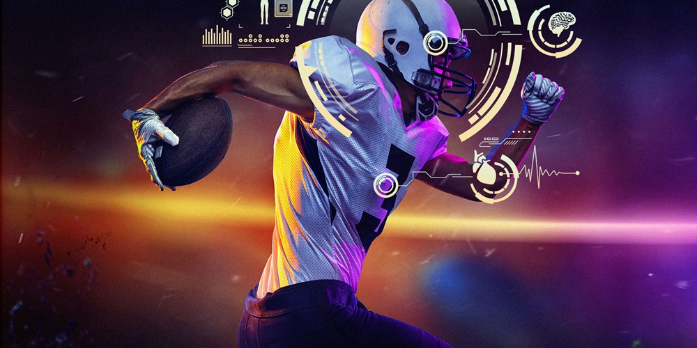 Illustration of a football player running, surrounded by biometrics. Image by Shutterstock / Master1305 / DG-Studio/ Jackie Niam.