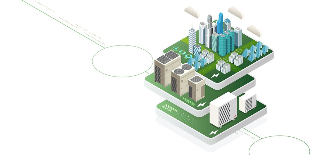 Illustration of a multilevel city and solar panels on grass. Image by Shutterstock / Lerbank-bbk22 / Araya Wattanasetthanun / Macrovector.