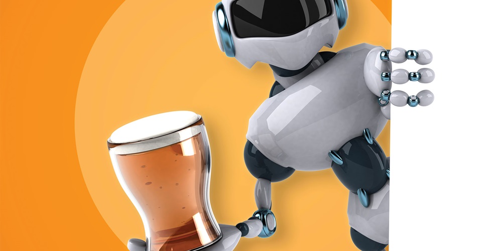 Illustration of a robot holding a beer against an orange background. Image by Shutterstock / Julien Tromeur.