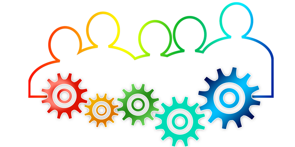 Illustration of people and cogs in a rainbow silhouette.