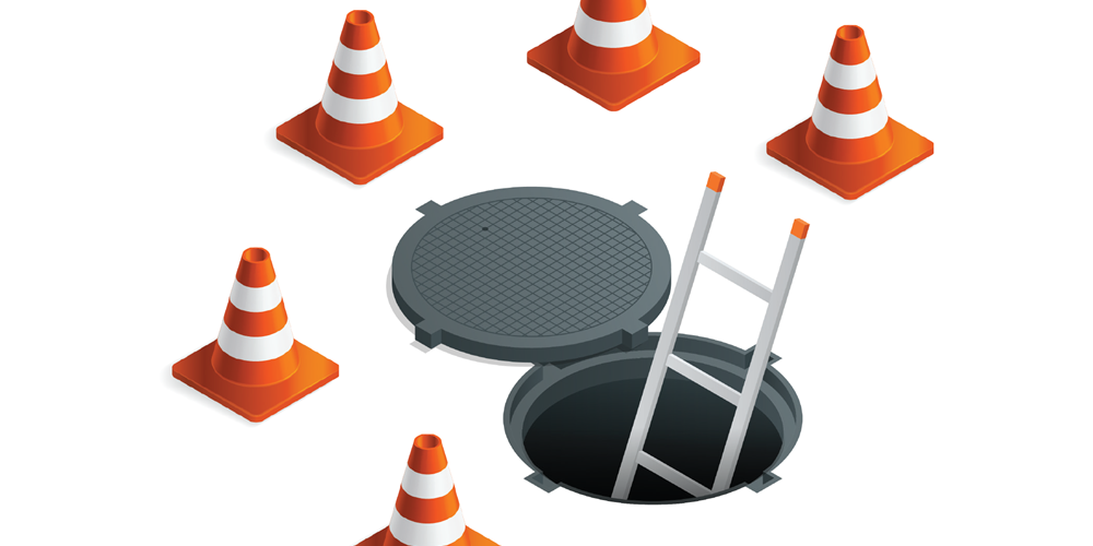 Illustration of orange traffic cones surrounding a manhole with a ladder in it. Image by Getty Images / Nirain / Golden Sikorka.