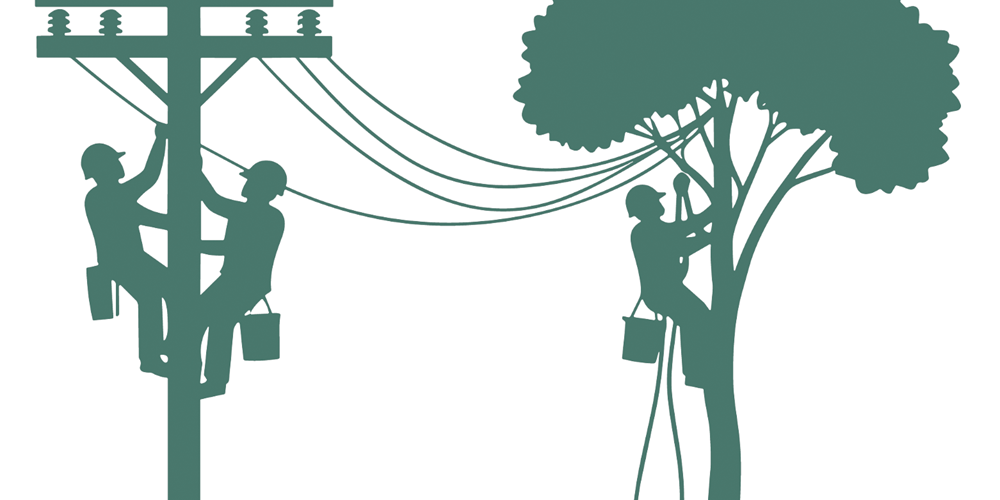 Utility workers tree trimming near utility pole