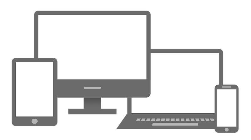 Illustrations of a tablet, desktop monitor, laptop, and mobile phone. Image by Elisa from Pixabay