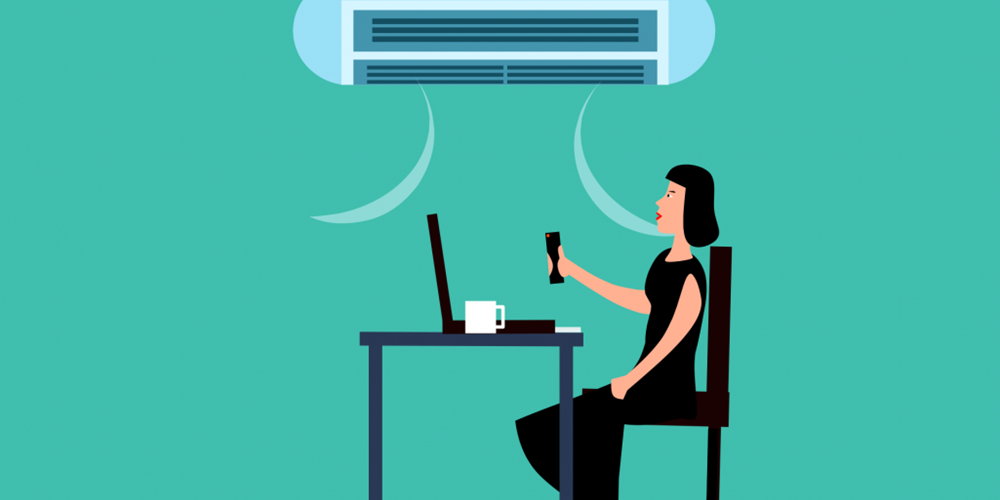 Illustration of a woman holding a remote at her desk under an air conditioner. Image by Pixabay.