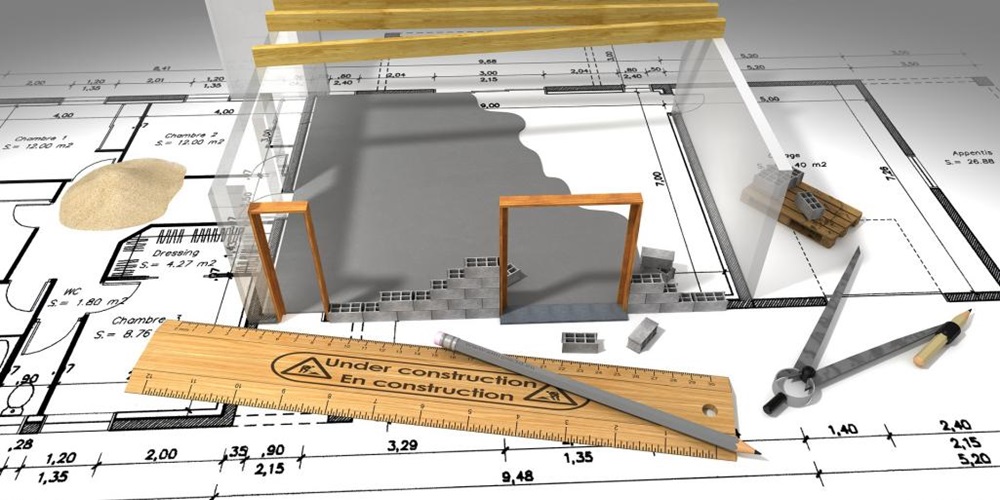 Iillustration of a building under construction atop a blueprint.