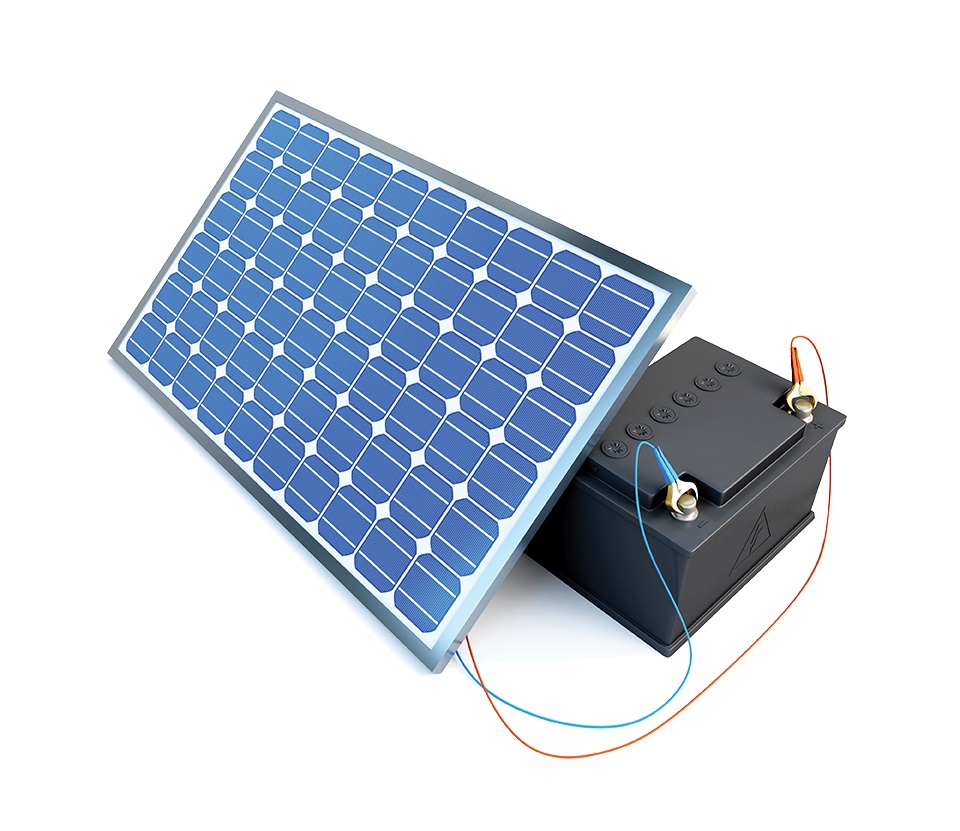 A solar panel connected to a battery, illustrating a solar plus storage system