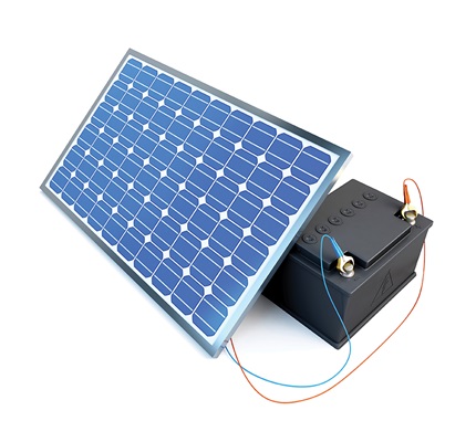 A solar panel connected to a battery, illustrating a solar plus storage system