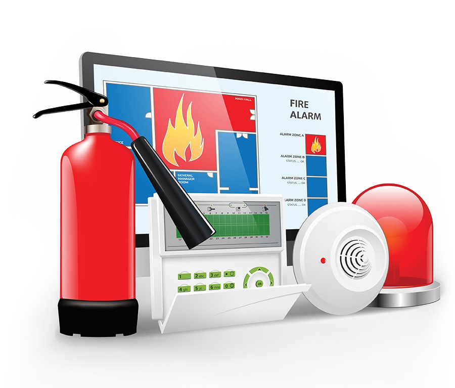 Fire alarm system, security system, smoke detector, visible notification, audible notification, fire extinguisher