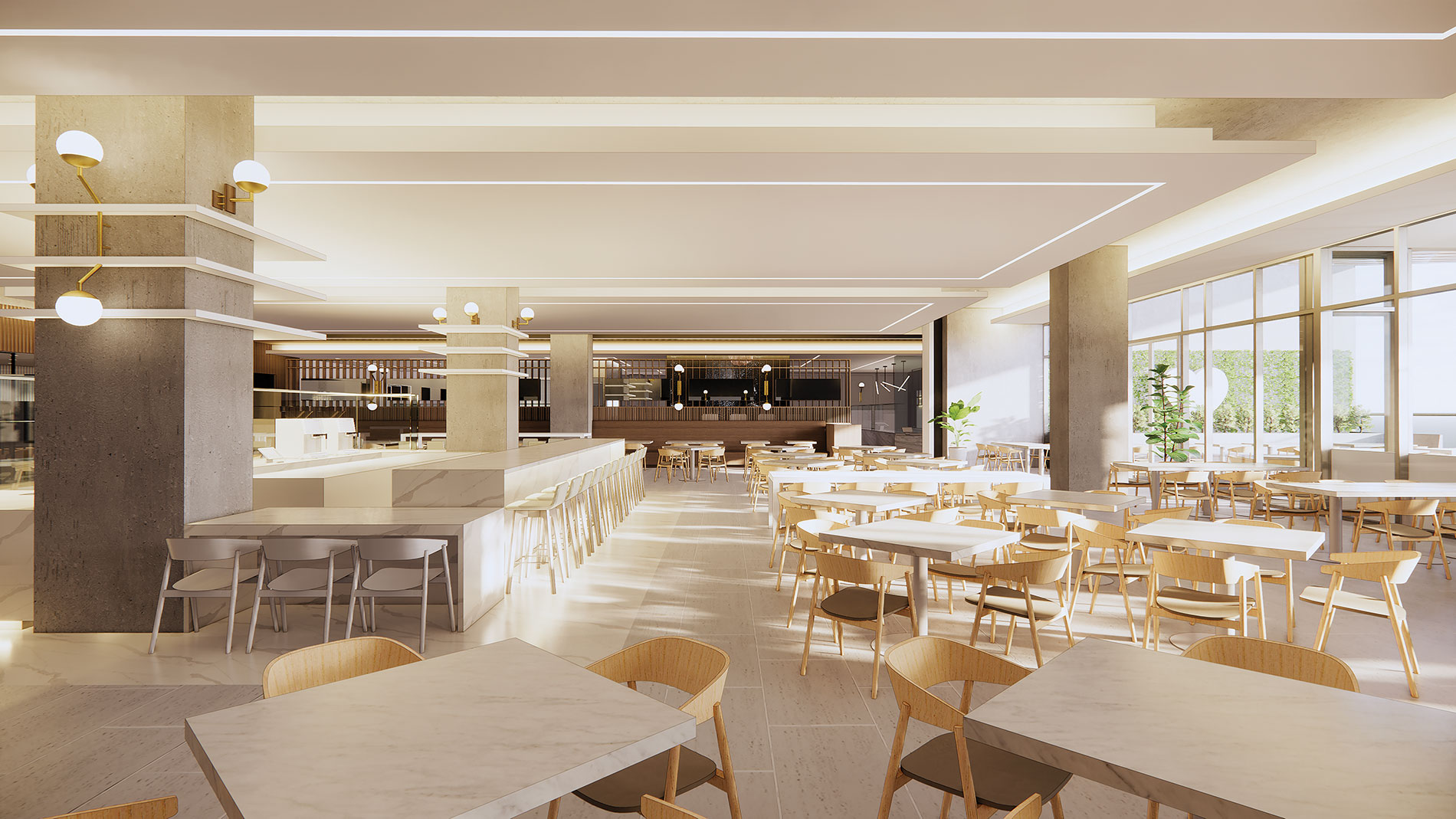 A cafeteria with light wood. Image by Gordana Jordanovska.