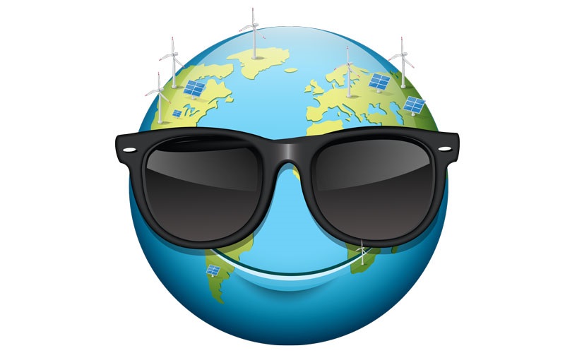 illustration of a globe wearing sunglasses and smiling, covered with windmills and solar panels